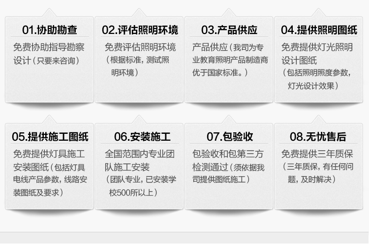 我司提供一站式教育照明解決方案：1、免費(fèi)協(xié)助指導(dǎo)勘察設(shè)計(jì)（只要來咨詢）2、免費(fèi)評(píng)估照明環(huán)境（根據(jù)標(biāo)準(zhǔn)，測(cè)試照明環(huán)境）3、產(chǎn)品供應(yīng)（我司為專業(yè)教育照明產(chǎn)品制造商，優(yōu)于國家標(biāo)準(zhǔn)。）4、免費(fèi)提供燈光照明設(shè)計(jì)圖紙（包括照明照度參數(shù)，燈光設(shè)計(jì)效果）5、免費(fèi)提供燈具施工安裝圖紙（包括燈具/電線產(chǎn)品參數(shù)，線路安裝圖紙及要求）6、全國范圍內(nèi)專業(yè)團(tuán)隊(duì)施工安裝（團(tuán)隊(duì)專業(yè)，已安裝學(xué)校500所以上）7、包驗(yàn)收和包第三方檢測(cè)通過（須依據(jù)我司提供圖紙施工）8、免費(fèi)提供三年質(zhì)保（三年質(zhì)保，有任何問題，及時(shí)解決）